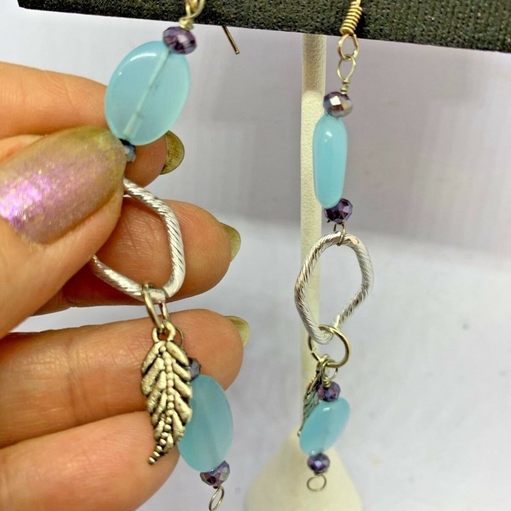 Brand New!  Custom Made Earrings ~ Feathers & Blue ~ Beautiful Design  3.75"Long